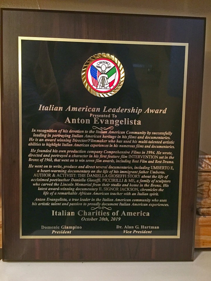 Anton Evangelista Italian-American Leadership Award 2019 Plaque 